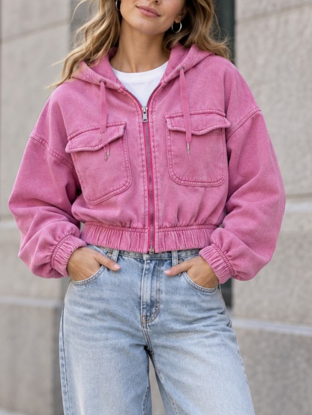 Pink Cropped Zip Up Hoodie L NWT Fleece Flap Pockets Streetwear Athleisure